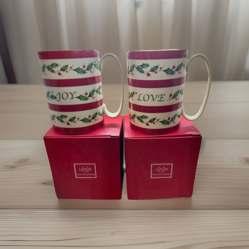 Set of 2 Lenox Holiday Wishes Wishing You Peace & Joy Christmas Mugs in Box